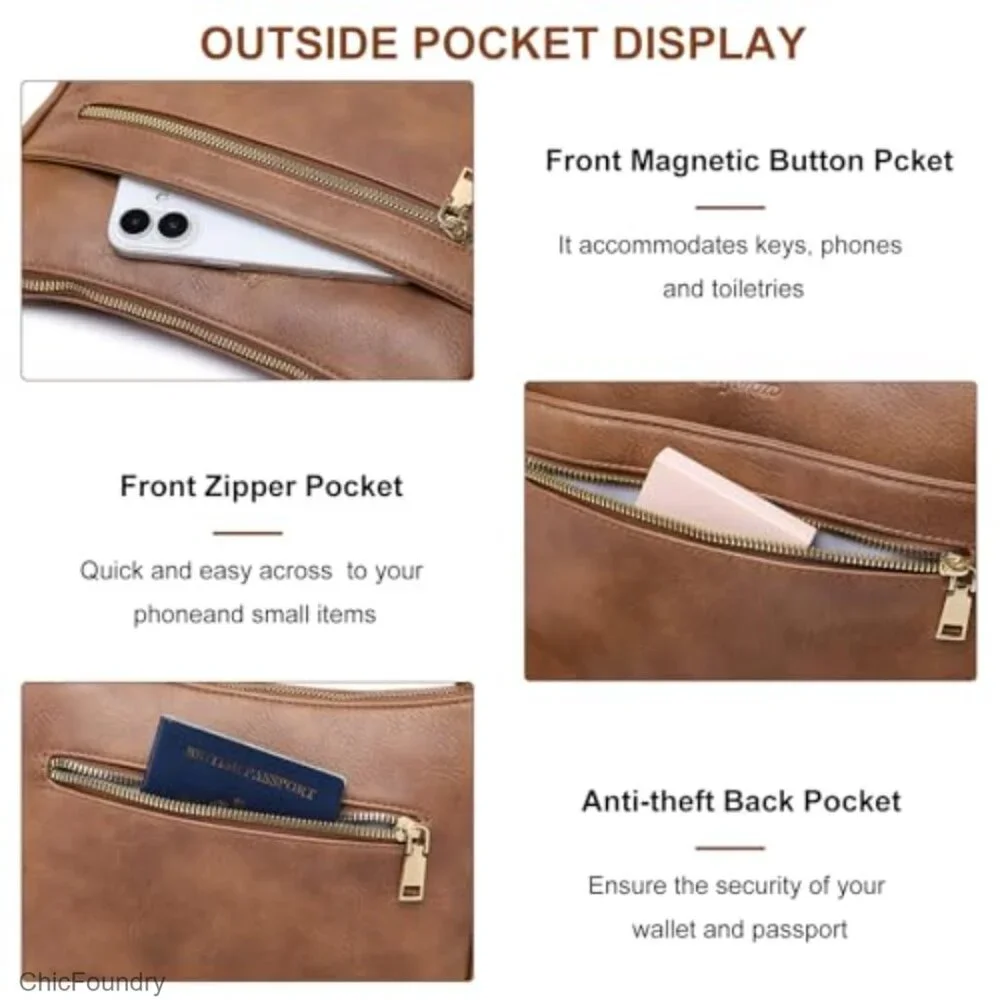 Vegan Leather Crossbody Bag with Adjustable Strap, Multiple Pockets